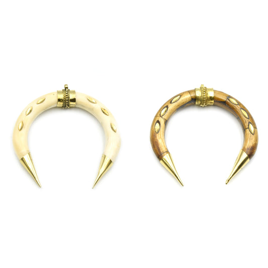 Bone Pendant | Gold Marquise Inlay Crescent | OX Bone Focal Pendant | Horn Pendant | White Crescent Brown Crescent