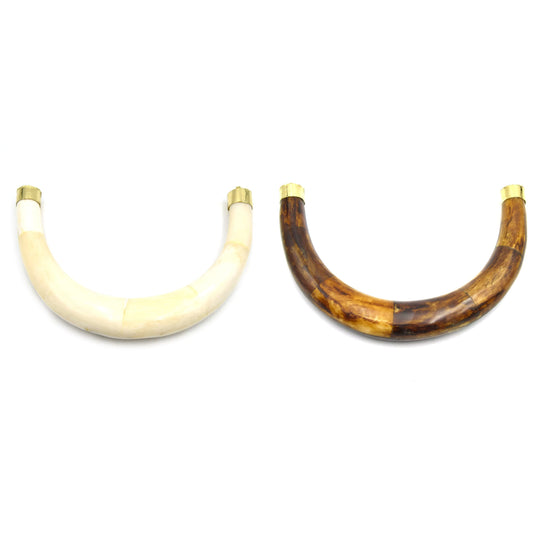 Bone Crescent | Extra Large U-Shaped Crescent Pendant With Gold Capped Bail | Horn Focal Pendant | White And Brown Crescent