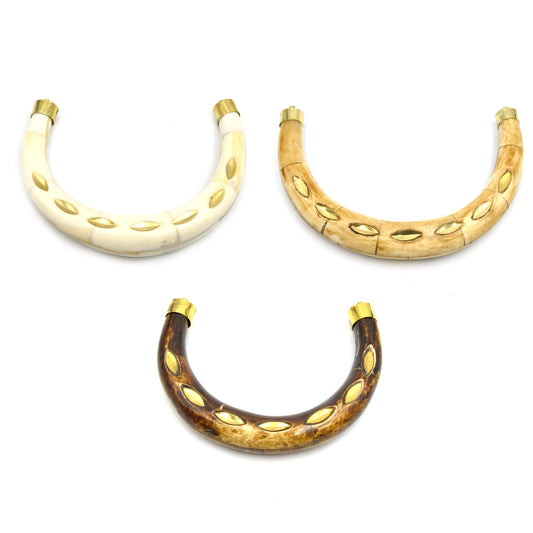 Bone Crescent | Extra Large U-Shaped Gold Marquise Inlay Pendant | Ox Bone Focal Pendant | Horn Pendant | White crescent Brown Crescent