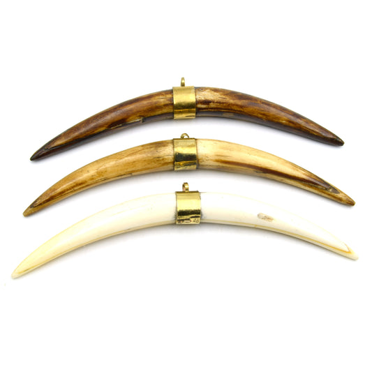 Skinny Banana Crescent Pendant | Ox Bone Focal Pendant | Plain Gold Bail Horn Pendant | White Crescent Brown Crescent | Two sizes 4" 5"