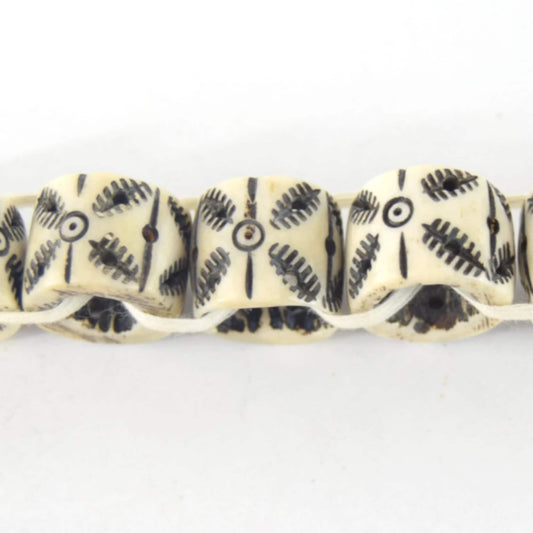 16mm x 18mm Handcrafted Artistic Barrel Bone Beads - White with Black Tribal Design