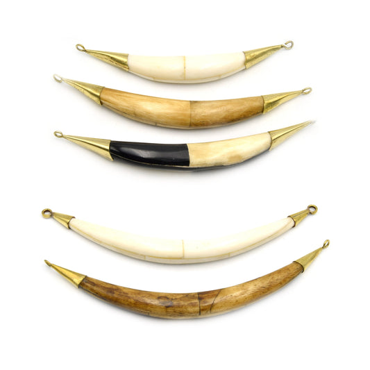 Curved Crescent Pendant | Ox Bone Double Bail Focal Pendant | Horn Pendant | Carved Gold Bail Pendant | White Brown Crescent | Two Sizes