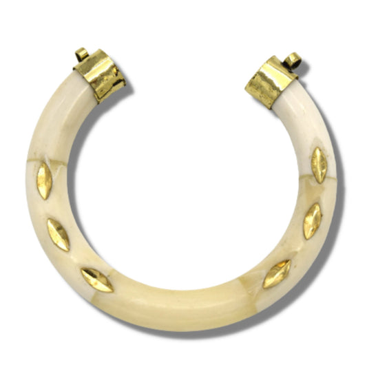 75mm x 75mm White/Off White Crescent Shaped Natural Ox Bone Pendant Gold Inlay and Gold Caps with Bails