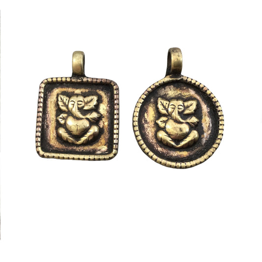 1" Oxidized Gold Plated Rustic Square 'Ganesha' Copper God/Deity Pendant with Attached Ring.