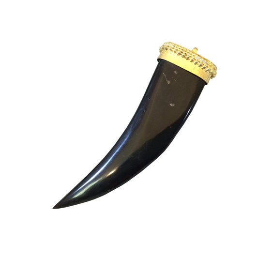 SALE 3.5" Black Curved Flat Tusk/Claw Shaped Natural Horn Pendant with Bright Gold Dotted Cap - Measuring 26mm x 90mm, Approx.