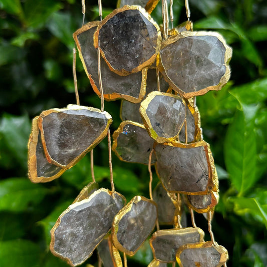 Gold Electroplated Rutilated Quartz Top-Drilled Beads - 9.5 inch Strand | Faceted Freeform Slab Shape | Natural Gemstone Beads