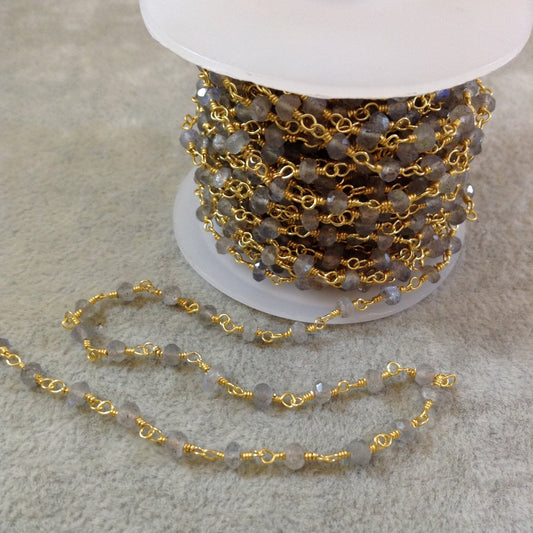 Gold Plated Copper Rosary Chain with 3mm Rondelle Labradorite Beads - Sold by the Foot, or in Bulk! - Natural Semi-Precious Beaded Chain