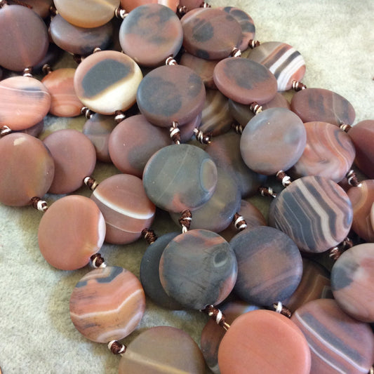 Matte Red and Black Striped Agate Coin Beads, 25mm dia, approx. 12 beads per strand.