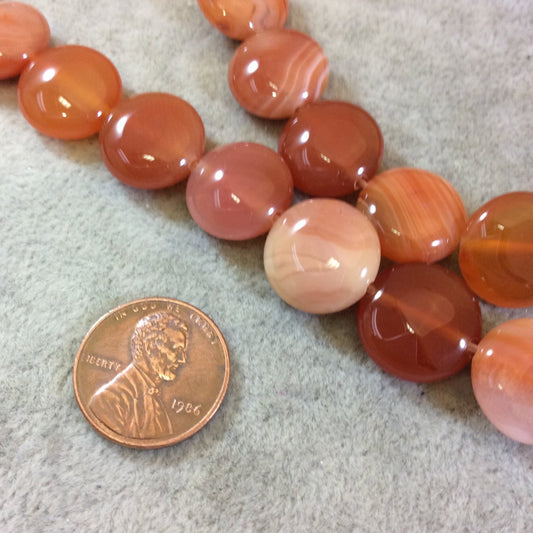 Orange Red Banded Agate Coin Beads, 15mm, approx. 26 beads per strand.