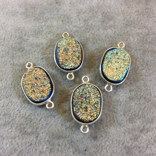Silver Finish Blue/Gold Resin Druzy Oblong Oval Shaped Bezel Two Ring Connector Component - Measuring 12mm x 16mm - Sold Individually