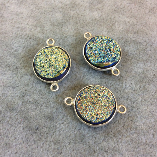 Silver Finish Blue/Gold Resin Druzy Round/Circular Shaped Bezel Two Ring Connector Component - Measuring 14mm x 14mm - Sold Individually