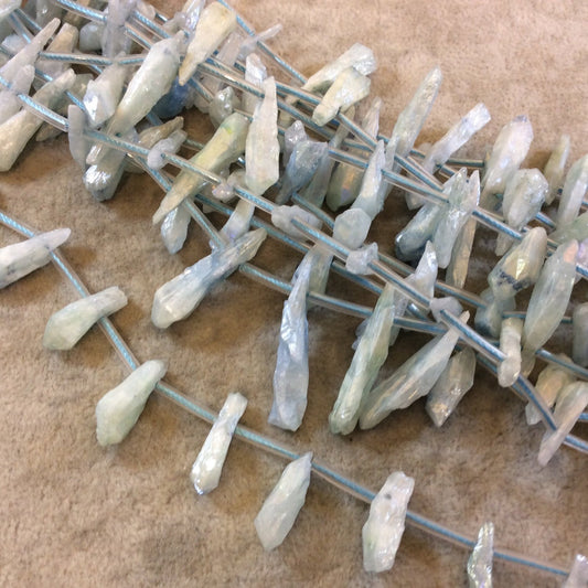 Natural Rough Light Aqua Druzy Crystal Point Drop Beads - 15" Strand (Approx. 25 Beads) - Measuring 5-8mm x 20-25mm - Sold by the Strand