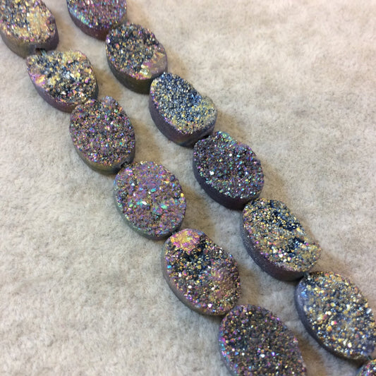 Premium Beautiful Rainbow Titanium Druzy Geode Oval Beads, 12mm x 18mm, 11 beads per strand