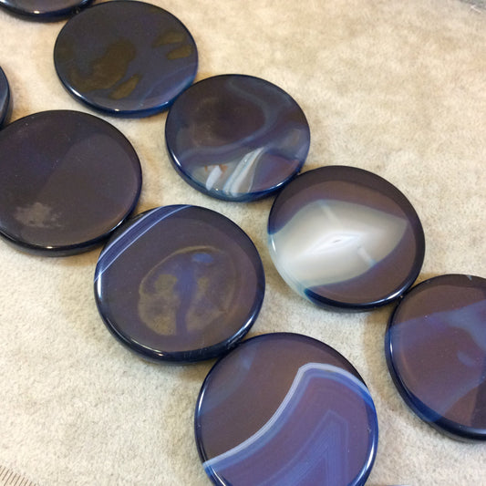Blue Banded Agate Coin Beads, 45mm, approx. 9 beads per strand.