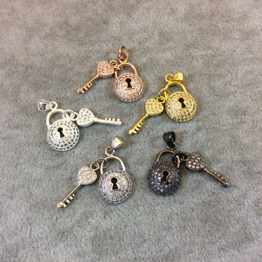 Lock/Key Cubic Zirconia Inlaid Pendants - Measuring 12mm x 17mm - Available in Five Finishes (Silver, Gold, Gunmetal)