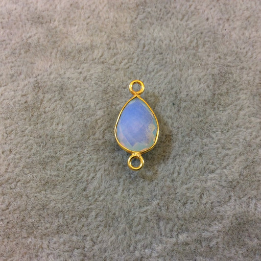 Gold Finish Faceted Opalite Pear Shaped Bezel Two Ring Connector Component - Measuring 10mm x 14mm - Natural Semi-precious Gemstone