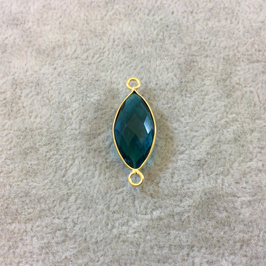 Gold Finish Faceted Marquis Shaped Teal Quartz Bezel Two Ring Connector Component - Measuring 10mm x 20mm - Natural Semi-precious Gemstone