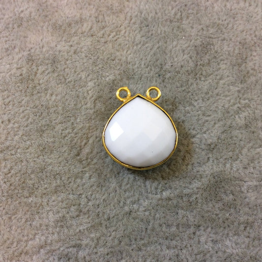 Gold Finish Faceted White Chalcedony Pear Shaped Bezel Two Ring Pendant/Connector - Measuring 18mm x 18mm - Natural Semi-precious Gemstone