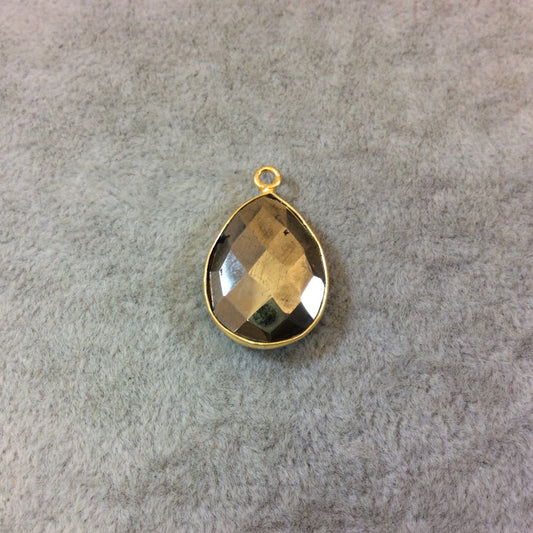 Large Gold Finish Faceted Pyrite Pear/Teardrop Shaped Bezel Pendant Component - Measuring 15mm x 21mm - Natural Semi-precious Gemstone