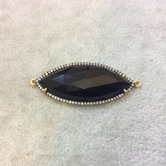 Gold Finish Faceted CZ Rimmed Black Onyx Marquis Shaped Bezel Connector Component - Measures 18mm x 41mm - Sold Individually