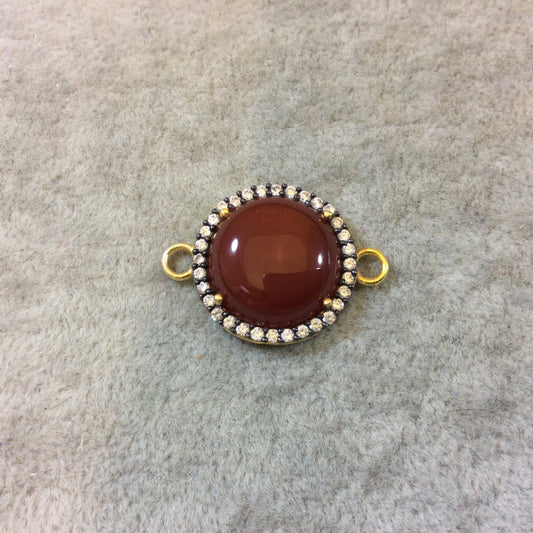 Gold Finish Smooth CZ Rimmed Carnelian Round Shaped Bezel Connector Component - Measures 20mm x 20mm - Sold Individually