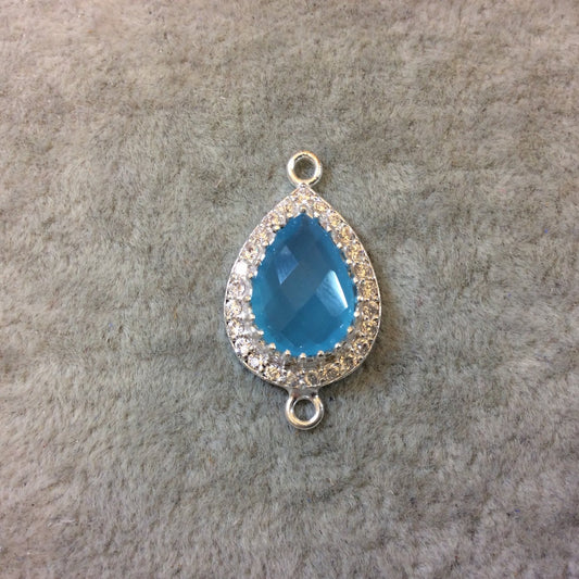 Silver Finish Faceted CZ Rimmed Chalcedony Teardrop/Oval Shaped Bezel Connector/Pendant Component - Measures 14mm x 21mm