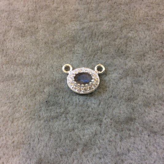 Silver Finish Faceted CZ Rimmed Labradorite Oval Shaped Bezel Connector/Pendant Component - Measures 11mm x 9mm - Sold Individually
