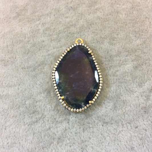 Gold Finish Faceted CZ Rimmed Blue Sapphire Freeform Shaped Bezel Pendant Component - Measures 24mm x 34mm - Sold Individually