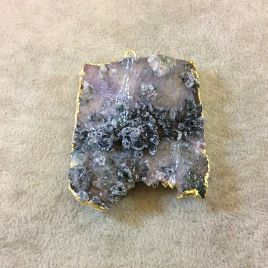 Large Purple Freeform Druzy Base Amethyst Pendant - Measuring 50mm x 56mm - Electroformed Gold Finish - Natural Semi-precious Gemstone