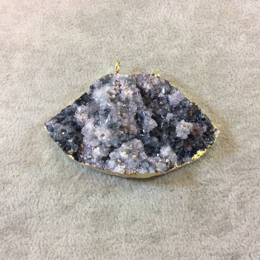 Large Purple Fan Shaped Druzy Amethyst Pendant - Measuring 70mm x 40mm - Electroformed Gold Finish - Natural Semi-precious Gemstone