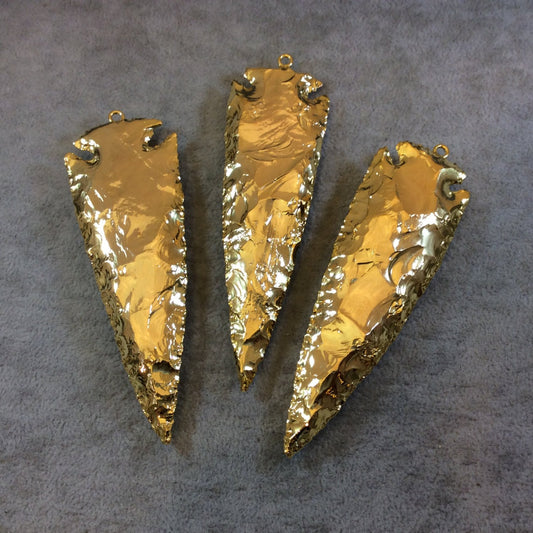 4-5" Gold Plated Arrowhead Shaped Electroplated Black Obsidian Pendant - Measuring 100mm-125mm Long - Sold Individually, Randomly Chosen