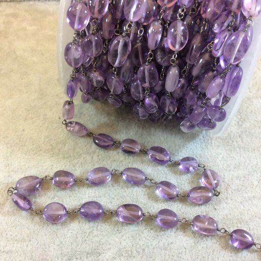 Gunmetal Plated Copper Rosary Chain with 7mm x 5-7mm Oval Amethyst Beads - Sold by the Foot, or in Bulk! - Natural Semi-Precious Chain
