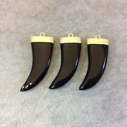 Flat Opaque Black Glass Tusk/Claw Shaped Pendant with Gold Finish Cap - Measuring 18mm x 42mm, Approx. - More Colors Available, See Links!