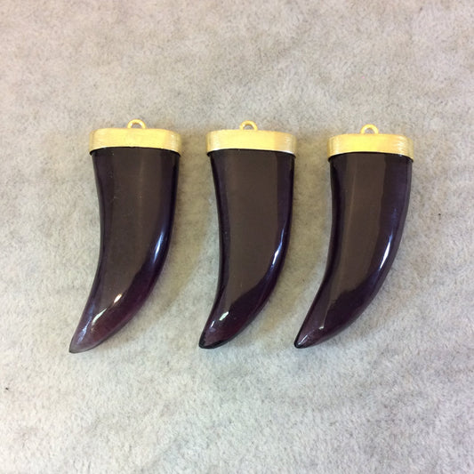 Flat Trans. Purple Glass Tusk/Claw Shaped Pendant with Gold Finish Cap - Measuring 21mm x 49mm, Approx. - More Colors Available, See Links!
