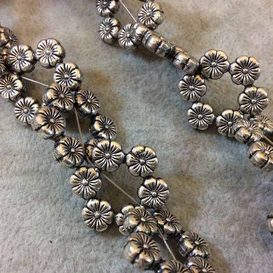 Silver Finish Floral Pattern Lei Shaped Pewter Beads - 7-8" Strand (Approximately 10 Beads) - Measuring 25mm x 25mm, Approx. - 2mm Hole Size