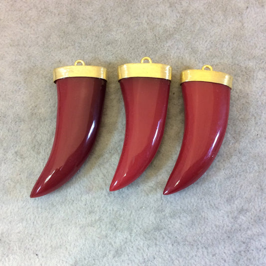 Flat Dark Red Glass Tusk/Claw Shaped Pendant with Gold Finish Cap - Measuring 21mm x 49mm, Approx. - More Colors Available, See Links!