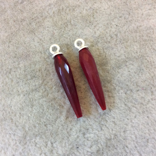 One Pair of Sterling Silver Finish Faceted Spike Red Quartz Bezel Components - Measuring 5mm x 22-25mm - Natural Semi-precious Gemstone