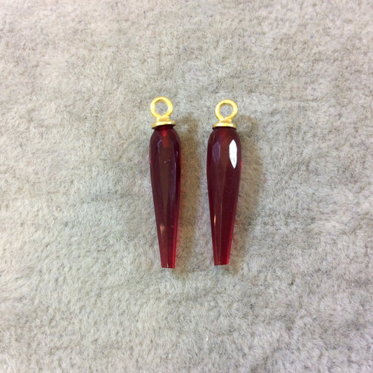 One Pair of Vermeil Gold Finish Faceted Spike Red Quartz Bezel Components - Measuring 5mm x 22-25mm - Natural Semi-precious Gemstone
