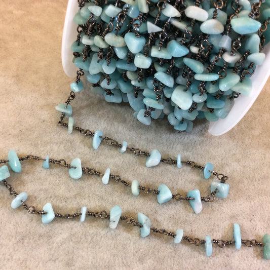 Gunmetal Plated Copper Rosary Chain with 4-8mm Blue Amazonite Chip Beads - Sold by the Foot, or in Bulk! - Semi-Precious Beaded Chain