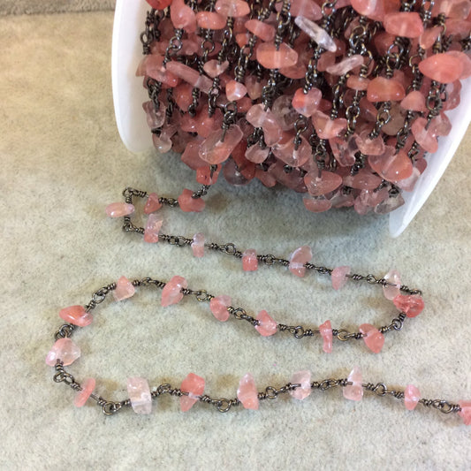 Gunmetal Plated Copper Rosary Chain with 4-8mm Cherry Quartz Chip Beads - Sold by the Foot, or in Bulk! - Natural Semi-Precious Beaded Chain