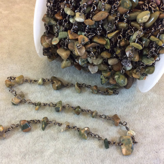Gunmetal Plated Copper Rosary Chain with 4-8mm Rhyolite Chip Beads - Sold by the Foot, or in Bulk! - Natural Semi-Precious Beaded Chain