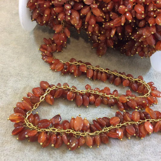 Gold Plated Copper Double Dangle Rosary Chain with 6-8mm Oval Shaped Red Carnelian Beads - Sold by the Foot Only - Natural Beaded Chain