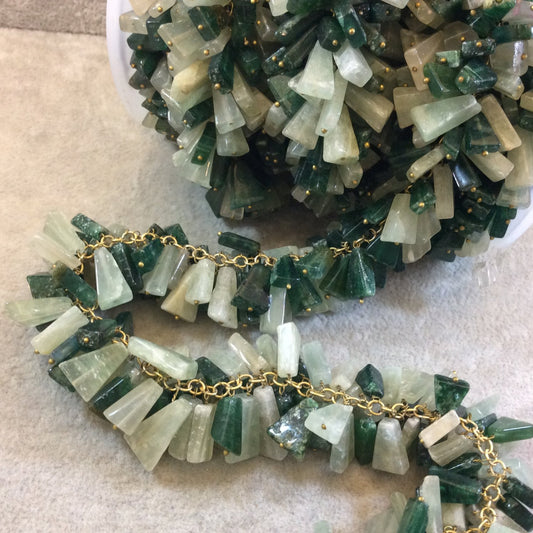 Gold Plated Copper Double Dangle Rosary Chain with 8-12mm Triangle Jade/Aventurine Beads - Sold by the Foot Only - Natural Beaded Chain
