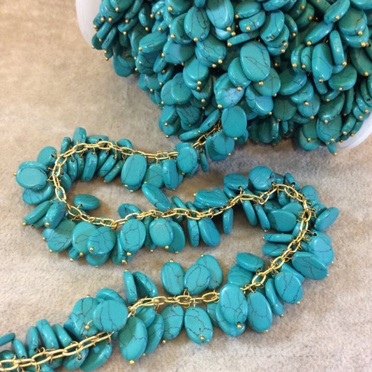 Gold Plated Copper Double Dangle Rosary Chain with 8-10mm Oval Shaped Syn. Teal Turquoise Beads - Sold by the Foot Only - Beaded Chain