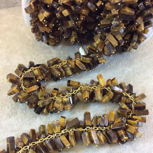 Gold Plated Copper Double Dangle Rosary Chain with 8-10mm Rectangle Shaped Tiger Eye Beads - Sold by the Foot Only - Natural Beaded Chain