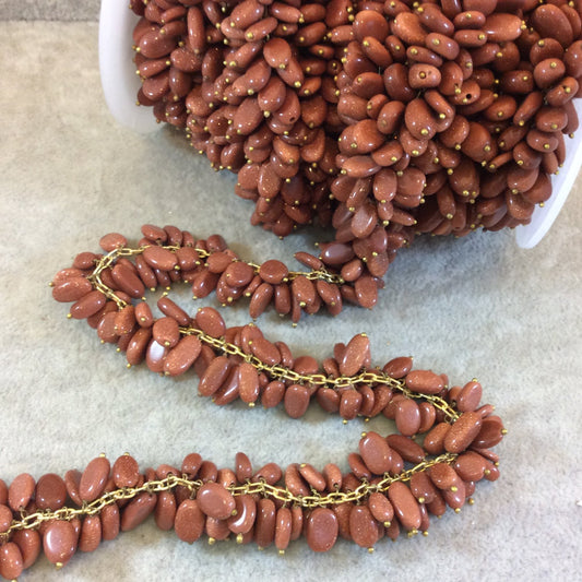 Gold Plated Copper Double Dangle Rosary Chain with 6-8mm Oval Shaped Goldstone Beads - Sold by the Foot Only - Man-Made Beaded Chain