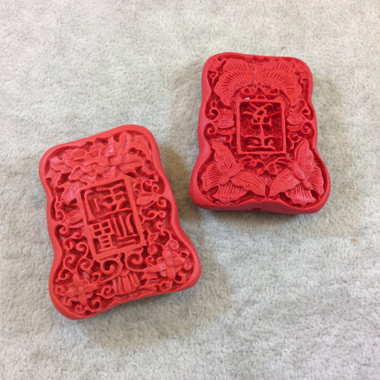 Bright Red Carved Oriental Patterened Resin Focal Beads with 2.5mm Holes - Measuring 42mm x 51mm - Sold Individually, Randomly Selected