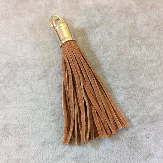 Gold Capped Smooth Ginger Nubuck Leather Tassel with Attached Ring - Measuring 13mm x 80mm, Including Cap - LIMITED! - Sold Individually