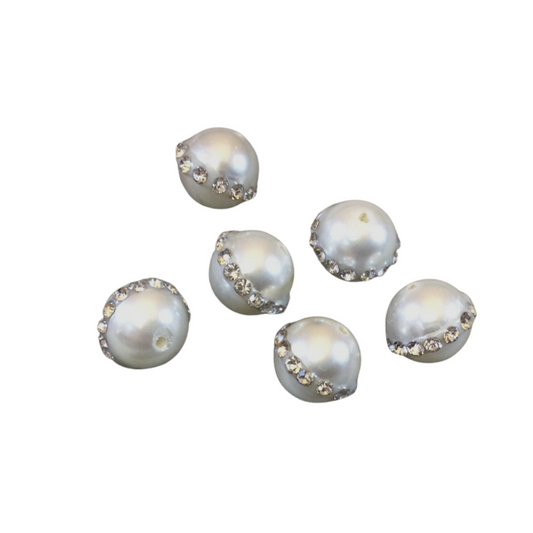 10mm Rhinestone Hemisphere Bright White Pearl Round/Ball Shaped Beads - Sold in Packs of Six (6) - Natural Semi-Precious Loose Gemstone