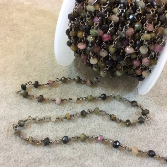 Gunmetal Plated Copper Wrapped Rosary Chain with 3-4mm Faceted Natural Tourmaline Rondelle Shape Beads (CH117-GM) Sold by 1' Cut Sections!